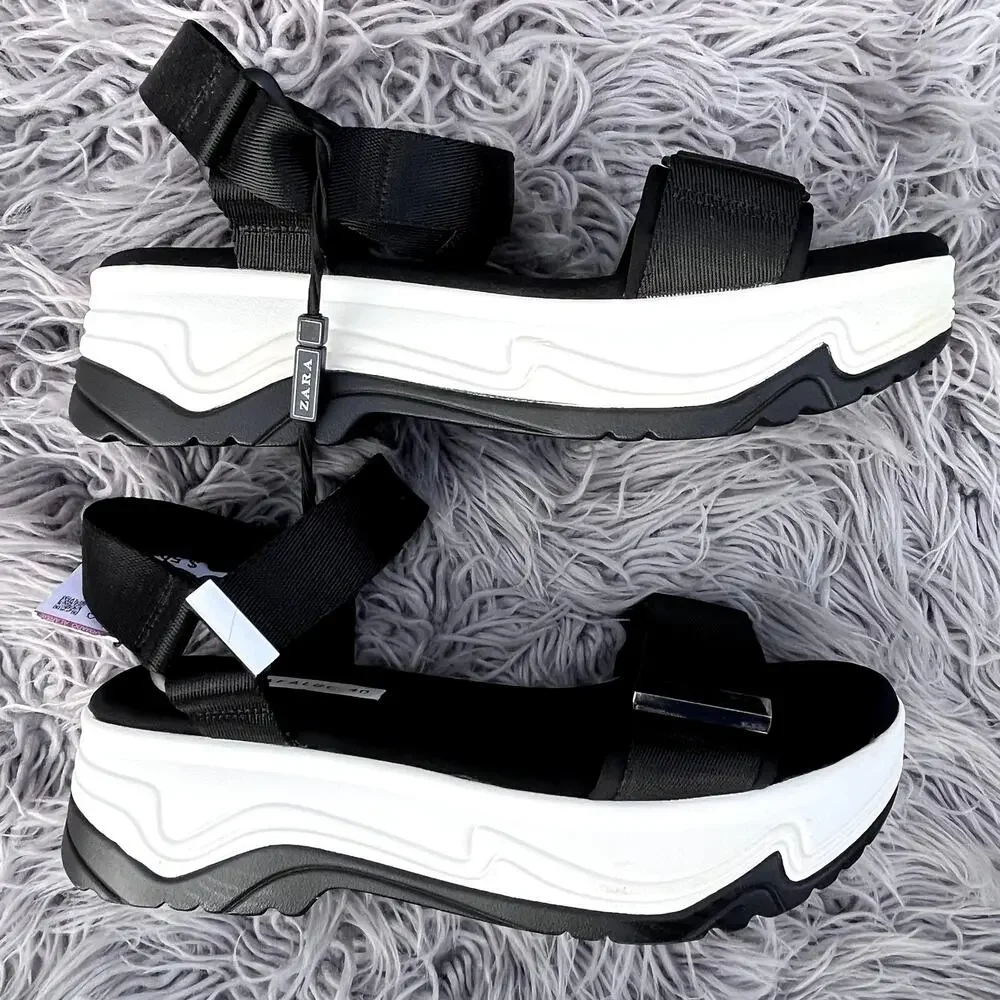 NWT Zara Trafaluc Chunky Platform Sandals Black White Adjustable Strap Womens 40